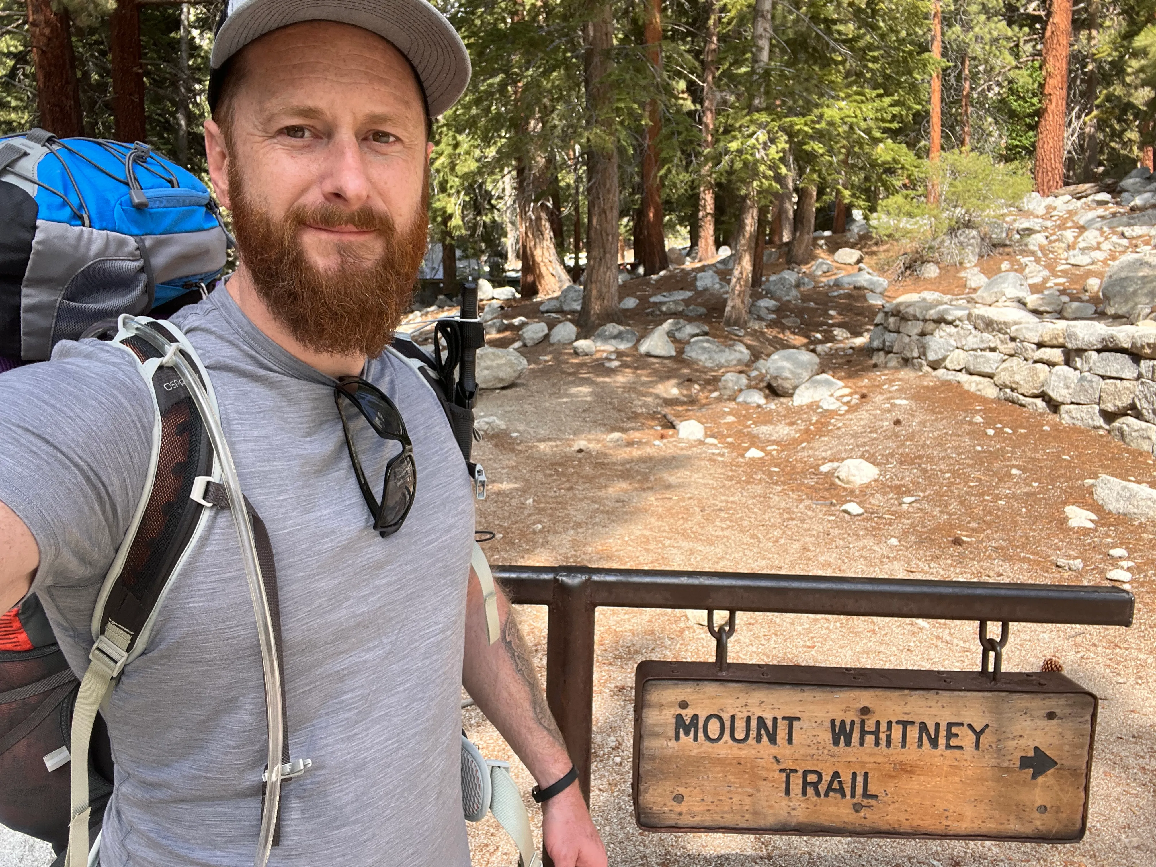 Elliott at the Mount Whitney Trail trailhead sign, Whitney Portal